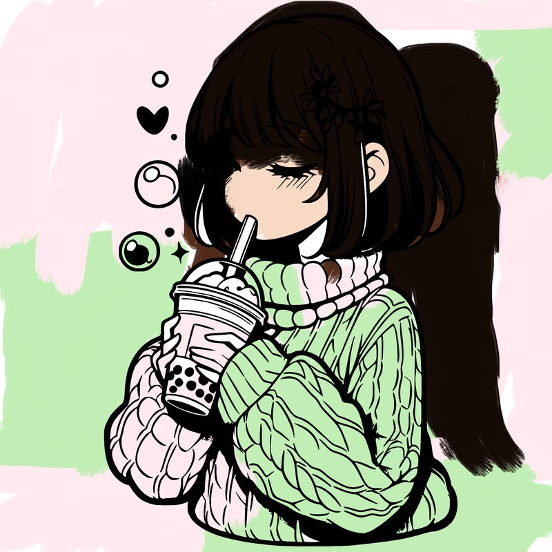 manga girl drinking boba in cozy sweater
