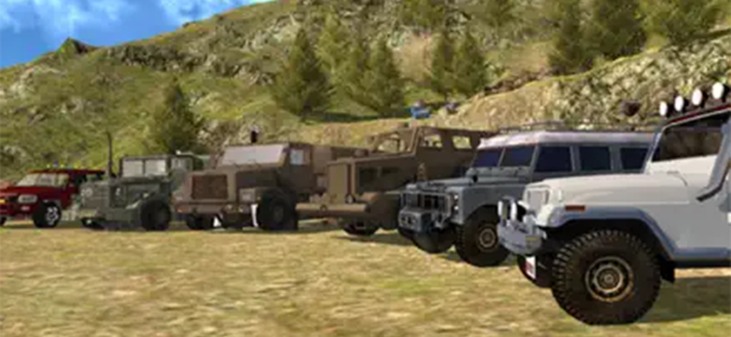 Una alineación de varios vehículos todoterreno 4x4 y SUV en un entorno de montaña