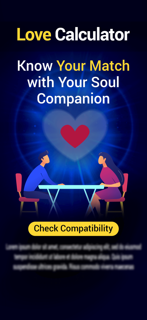 Numerology - Numbers & You - Pantalla de Calculadora de Amor en la aplicación Numerología que muestra una pareja y un ícono de corazón para la coincidencia de compatibilidad de relación.