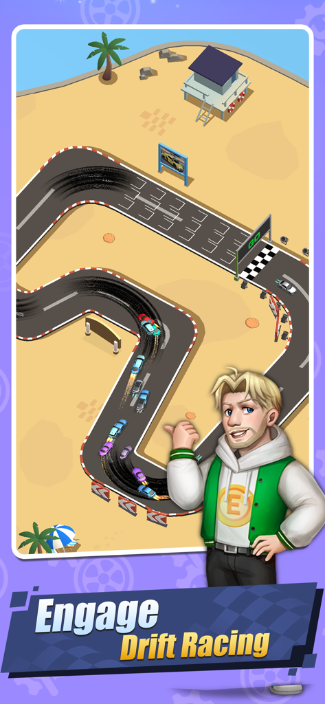 Car Fix Inc - Mechanic Garage - Top down view of cars drifting on a desert race track in Car Fix Inc