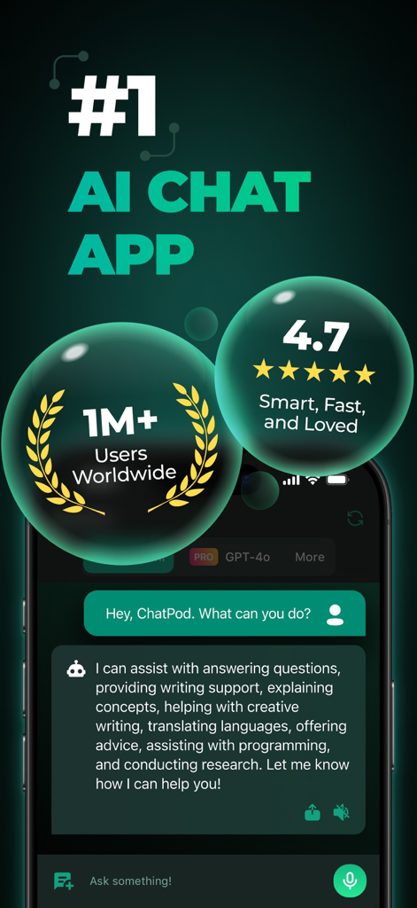 ChatPod - AI Chatbot Assistant - ChatPod AI Chatbot Assistant app interface displaying a high user rating and a list of productivity features
