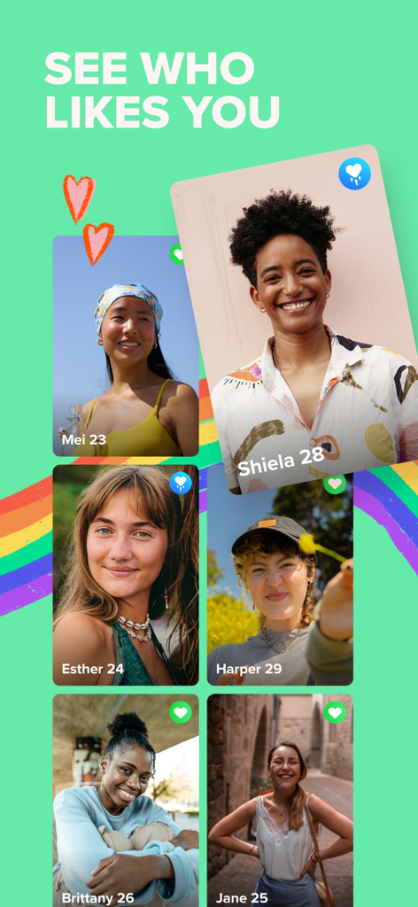 Grid of diverse women profiles on the Zoe lesbian dating app showing the See Who Likes You feature