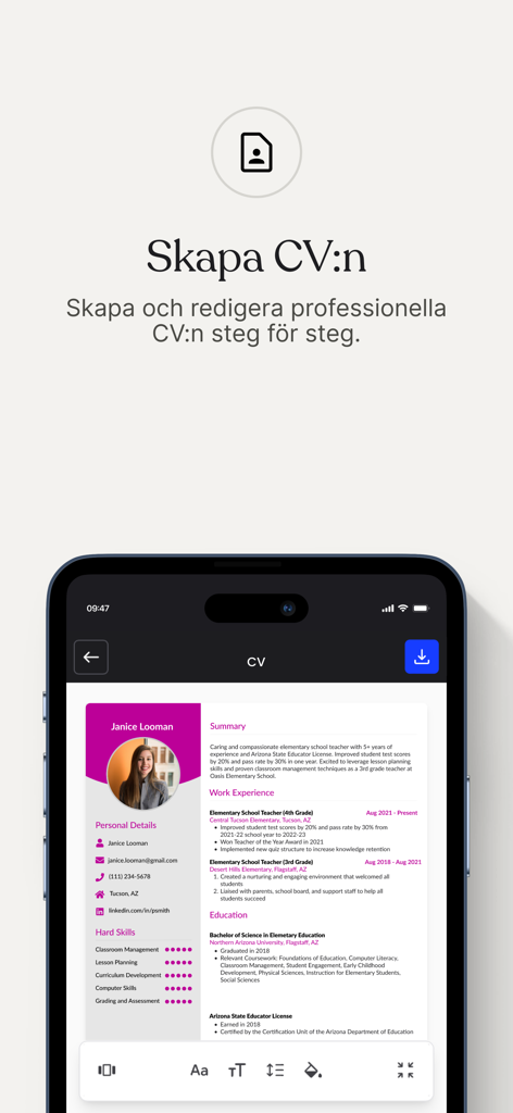 CV.se: Online CV maker - A mobile app interface showing a professional resume template being edited on a smartphone