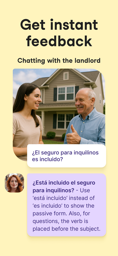 Univerbal AI Language Learning - Univerbal AI providing instant grammar feedback during a simulated conversation about renting an apartment