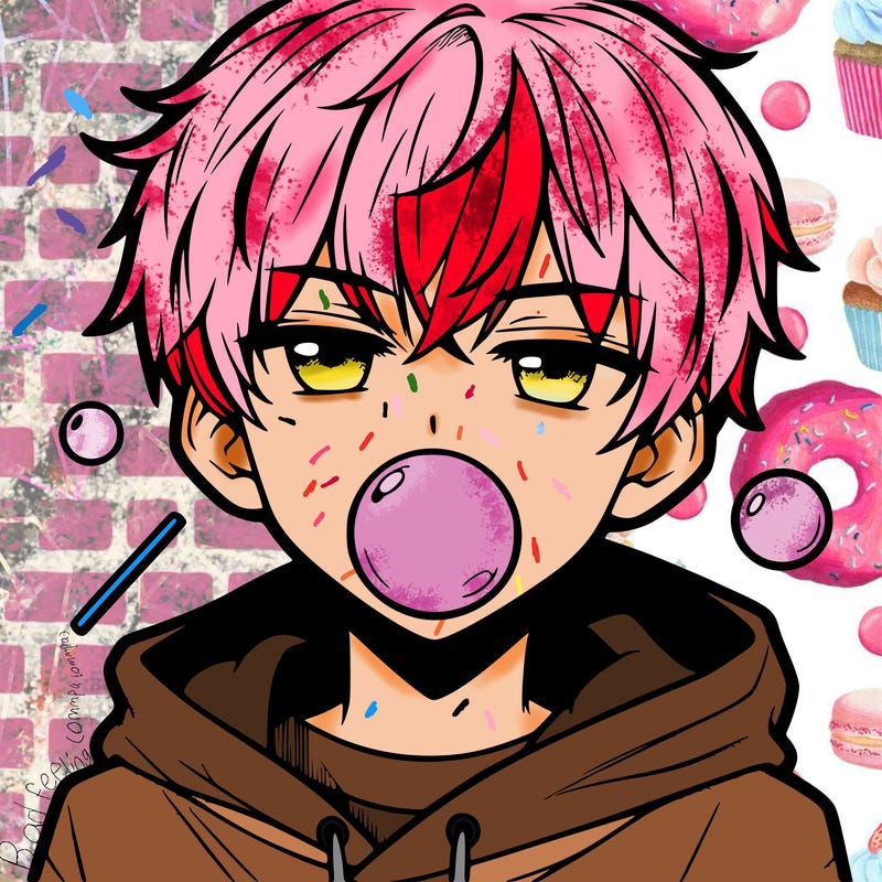 cool anime boy with a hoodie and bubblegum