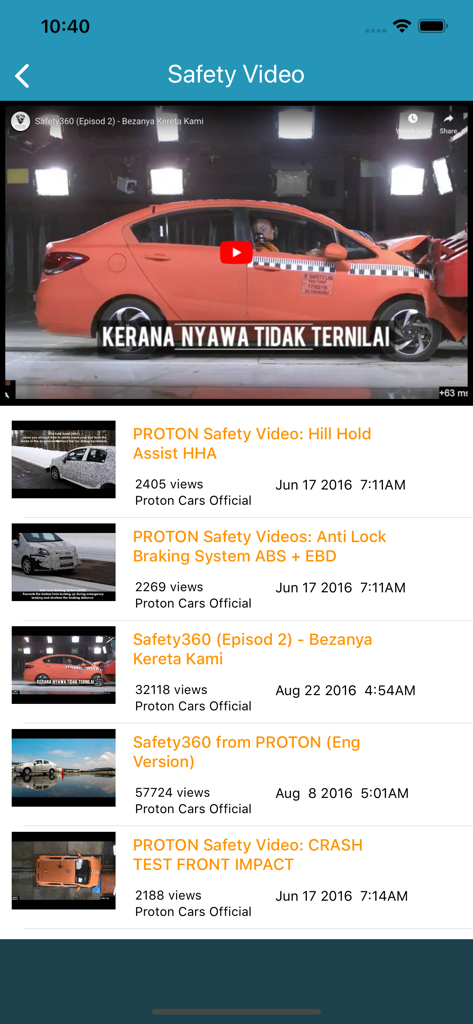 MyProton Official - A list of car safety videos in the MyProton Official app.