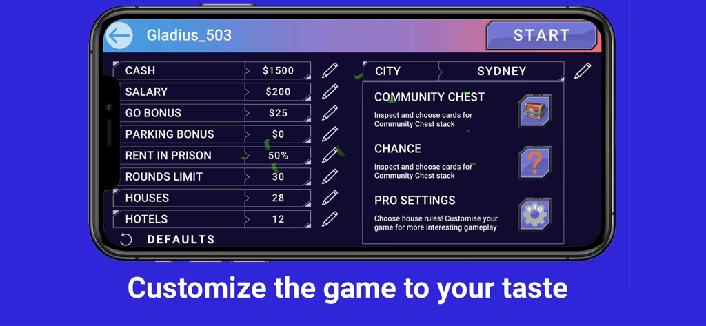Quadropoly - Monopolist Tycoon - Customizable house rules and game settings screen in Quadropoly