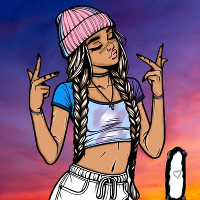 realistic teenage girl with braids and a beanie and crop top doing 🫶🏼