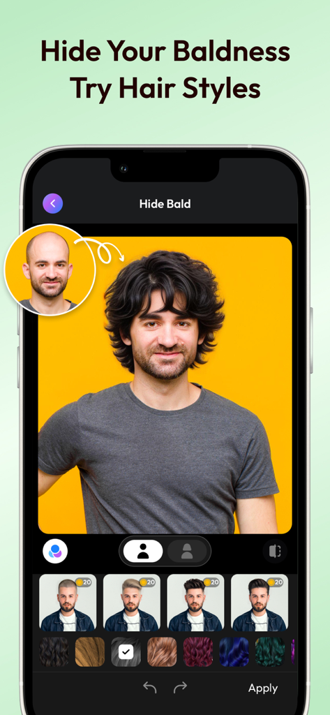 A mobile app interface showing a male photo transformed with AI hair styles to hide baldness