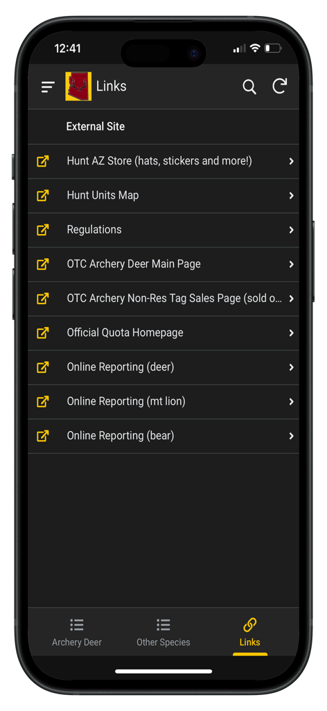 AZHuntQuota - AZHuntQuota app links page showing external resources for Arizona hunting regulations and online harvest reporting