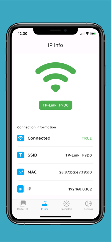 Smartphone displaying IP information including SSID and MAC address for a wifi connection