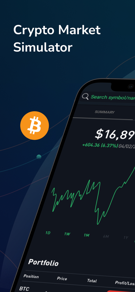 CryptoSim: Market Simulator - CryptoSim app interface showing a virtual cryptocurrency trading simulator with a price chart and portfolio summary