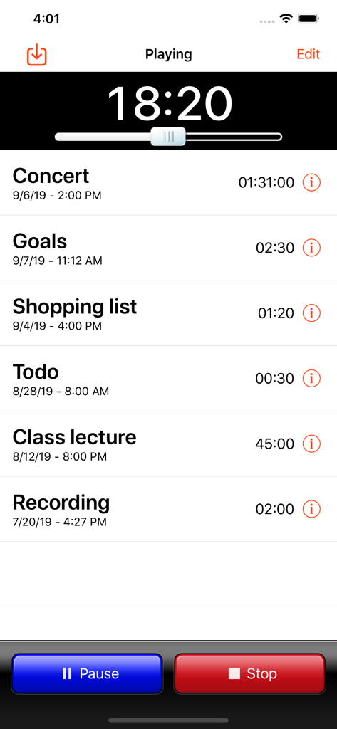 iRecorder Pro app interface displaying a list of audio recordings with pause and stop buttons