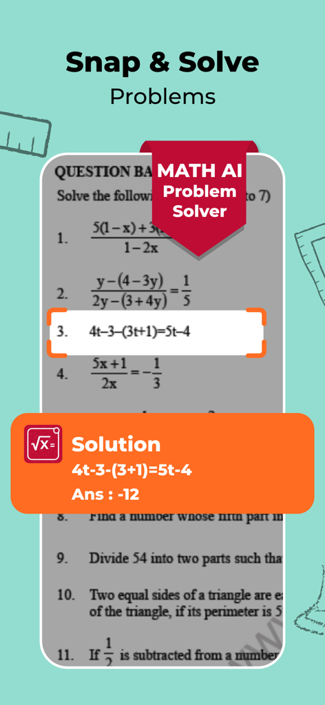 Math AI: Scientific Calculator - A screenshot demonstrating the Snap and Solve camera feature of the Math AI app which identifies and solves algebra equations from a printed page.