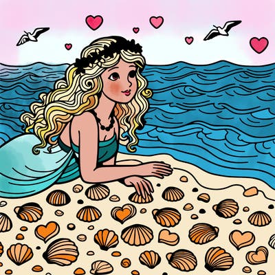 aphrodite on the beach, with the beach covered in heart-shaped seashells. ocean waves lap at the shore.