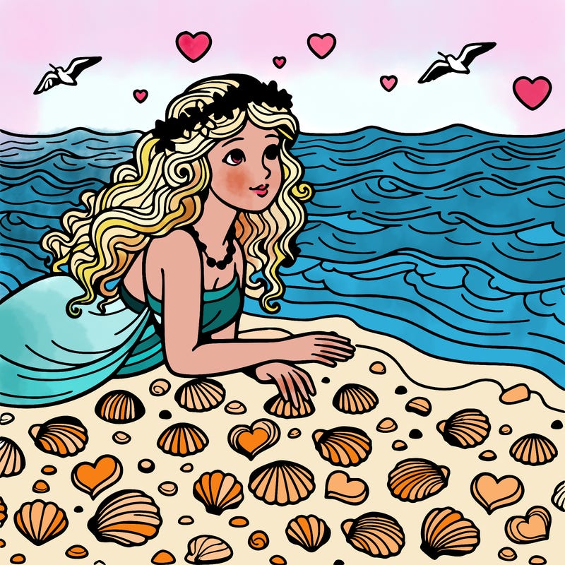 aphrodite on the beach, with the beach covered in heart-shaped seashells. ocean waves lap at the shore.
