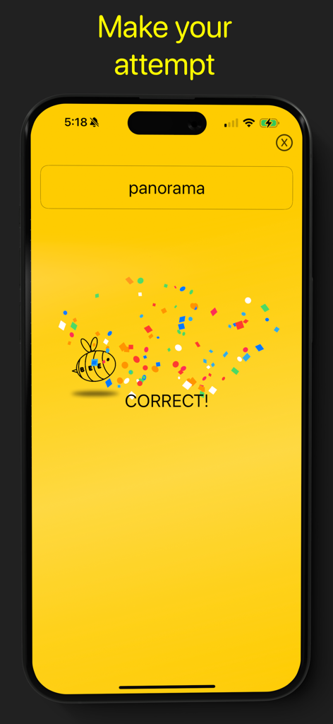 Spelling Bee App: Today's Game - Spelling Bee app interface displaying a correct spelling of the word panorama with confetti and a bee illustration.