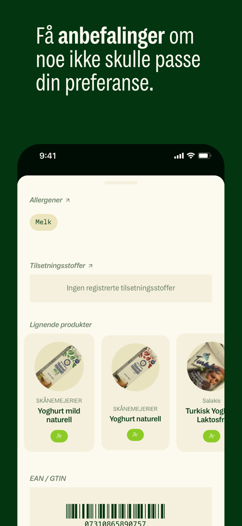 Frifor app interface showing a milk allergen alert and alternative product recommendations for healthy eating.