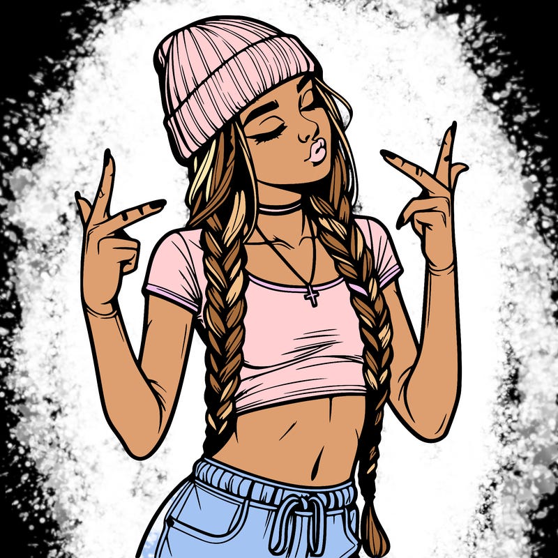 realistic teenage girl with braids and a beanie and crop top doing 🫶🏼