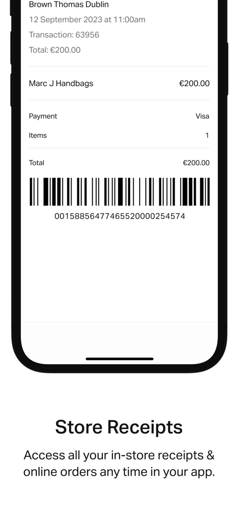 Brown Thomas - Brown Thomas app screen showing a digital store receipt for a handbag with a scannable barcode.