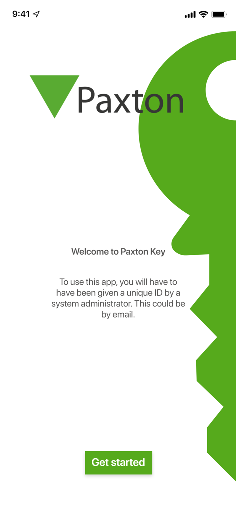 Paxton Key - Paxton Key app welcome screen showing a green key graphic and a Get Started button