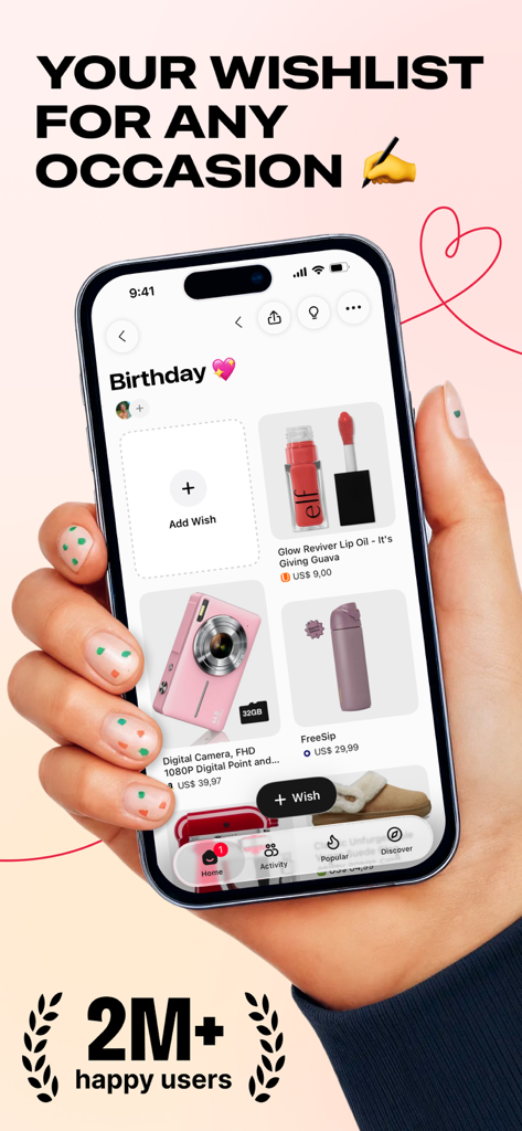 Listful - Wishlist & Shopping - 뷰티 및 테크 제품이 포함된 큐레이션된 생일 위시리스트를 표시하는 Listful 앱을 들고 있는 아이폰