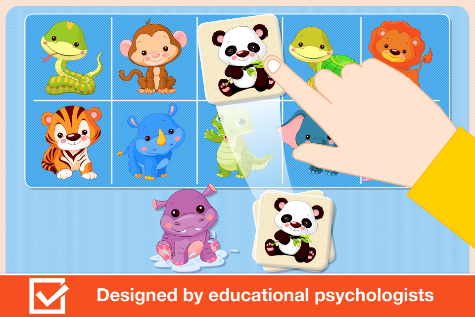 Baby First Words. Matching Educational Puzzle Games for Toddlers and Preschool Kids by Abby Monkey® Learning Clubhouse - A toddler animal matching game interface showing a cartoon hand dragging a panda card onto a grid of various animals