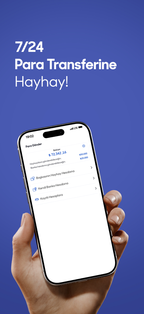 Hayhay Cüzdan & Fatura Ödeme - A hand holding a smartphone showing the 24/7 money transfer interface of the Hayhay digital wallet app