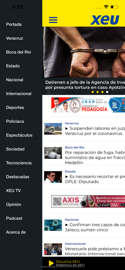 xeu Noticias - Side navigation menu and news feed on the xeu Noticias mobile app