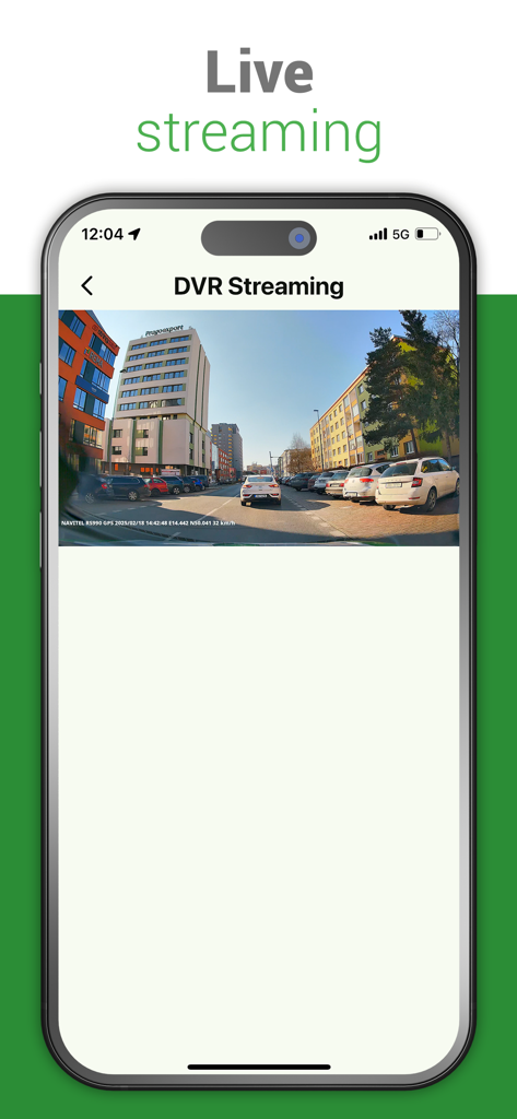 Navitel  DVR Center - Smartphone screen showing a live dashcam video feed of a city street with parked cars