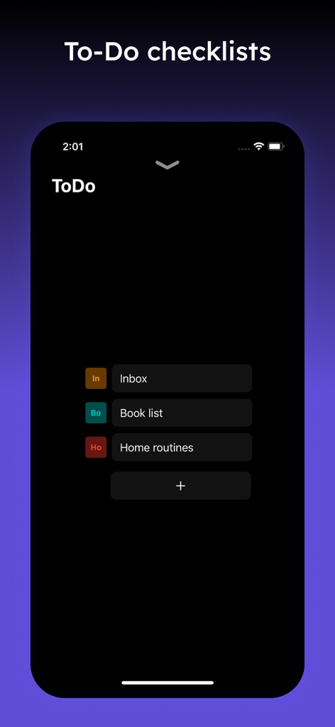 Daily Planner & Schedule App - Pantalla de lista de tareas pendientes en modo oscuro que muestra listas categorizadas para Bandeja de entrada, Lista de libros y Rutinas del hogar.