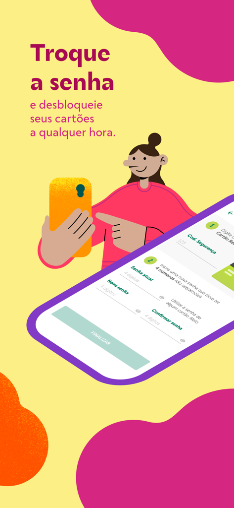 Meu Alelo app screen showing the option to change benefit card passwords and unlock cards.