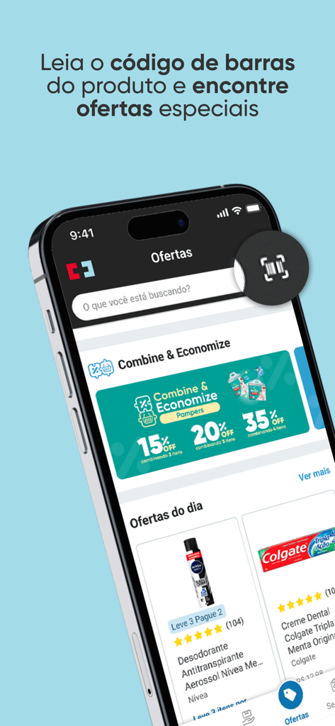 Pantalla de la app móvil Drogaria Sao Paulo mostrando una función de escáner de código de barras y descuentos diarios de productos para pañales y artículos de cuidado personal.