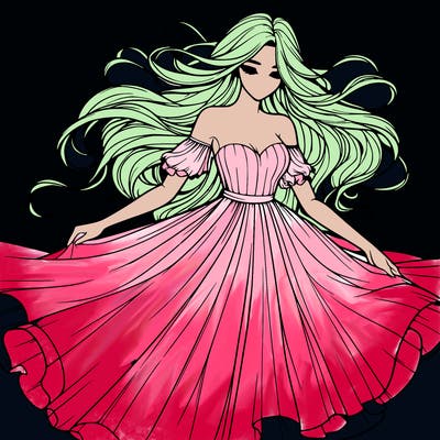 realistic woman wearing a dress that's flowing in the wind