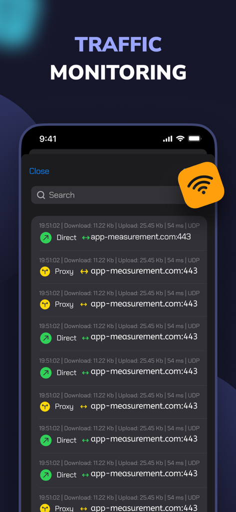 V2App: VPN Blockchain + VLESS - Pantalla de monitoreo de tráfico en tiempo real que muestra registros de conexión de red con detalles de enrutamiento directo y proxy