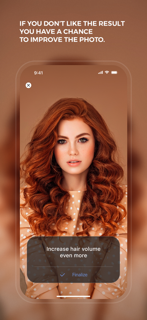 Interface de l'application Retouch Body montrant une demande pour augmenter le volume des cheveux sur un portrait.
