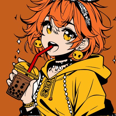 hot baddie anime girl drinking boba and biting the straw