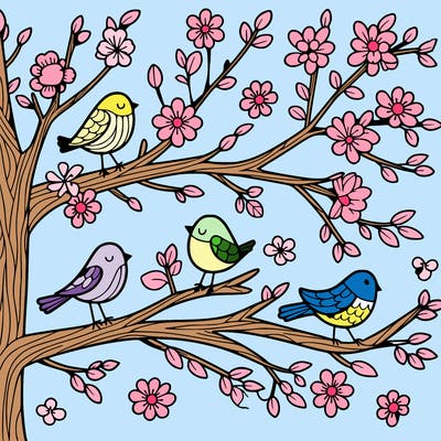 tree branches with birds and flowers