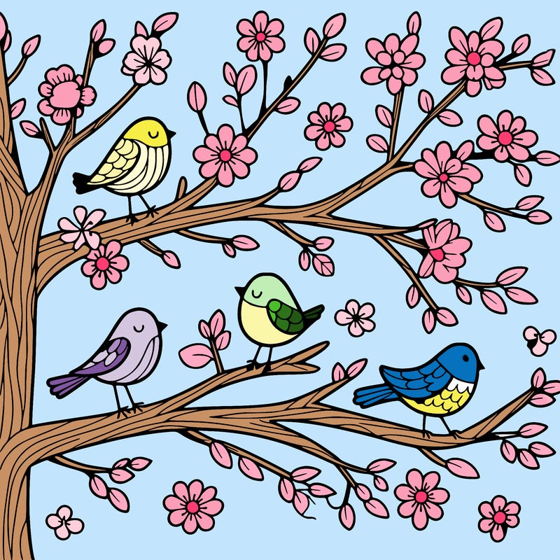 tree branches with birds and flowers