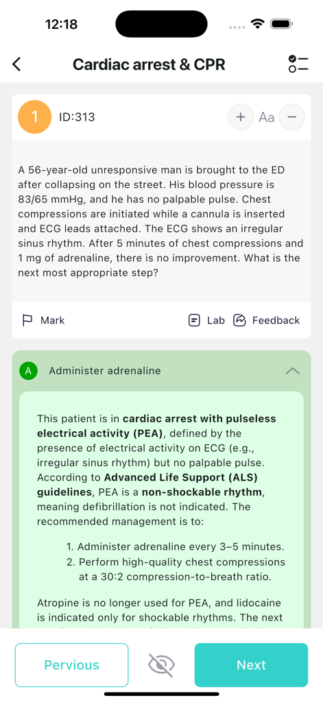 A medical education app interface showing a clinical scenario about cardiac arrest with a multiple-choice question and detailed rationale for a US medical student.