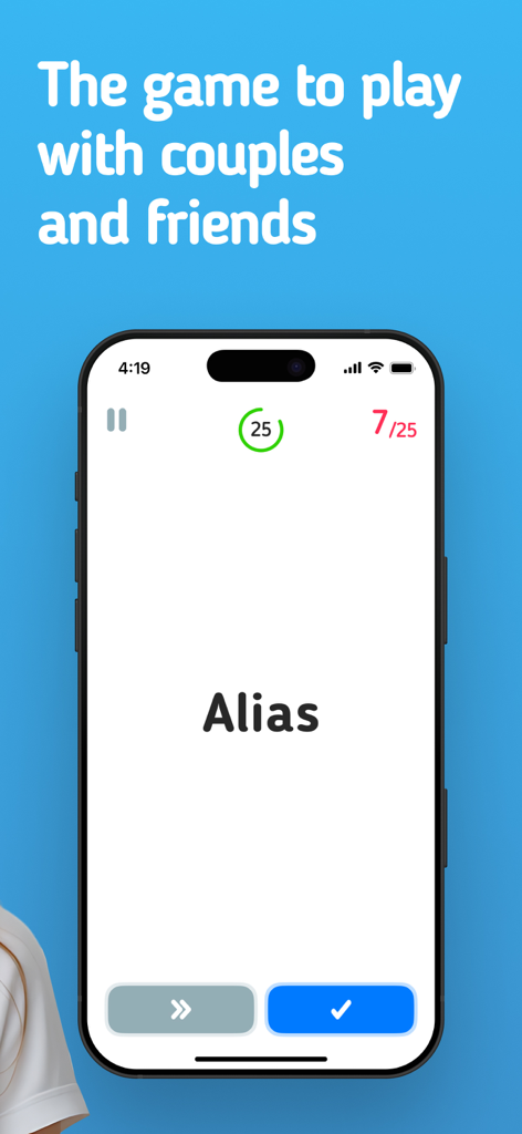 타이머와 점수 추적기가 있는 Alias 단어 게임 인터페이스를 표시하는 스마트폰.