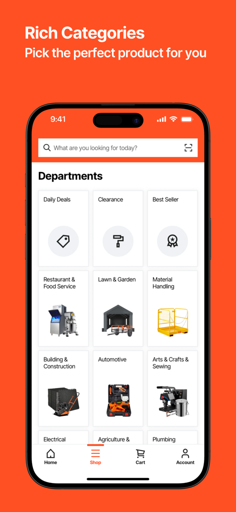Screenshot of the VEVOR app showing various home improvement and DIY shopping categories