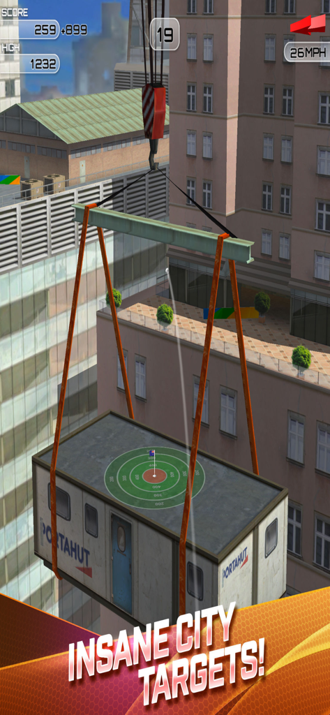 Flick Golf Extreme - Arcade golf gameplay showing a ball flying toward a target on a suspended container in a city