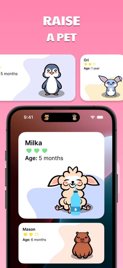 Raise Virtual Pets: Widgets - A mobile app screen showing various cute virtual pets like a sheep and capybara as interactive widgets.