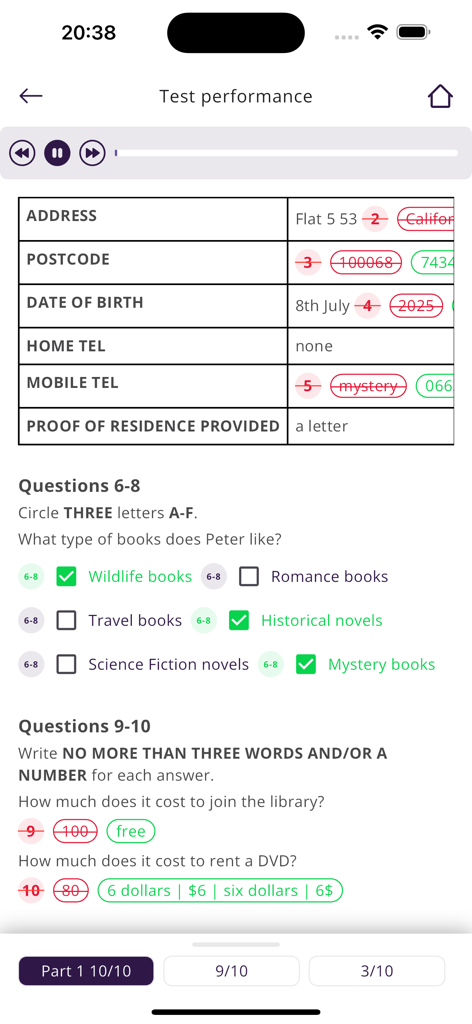Mini IELTS - Mini IELTS app showing test performance results and instant feedback on listening practice questions