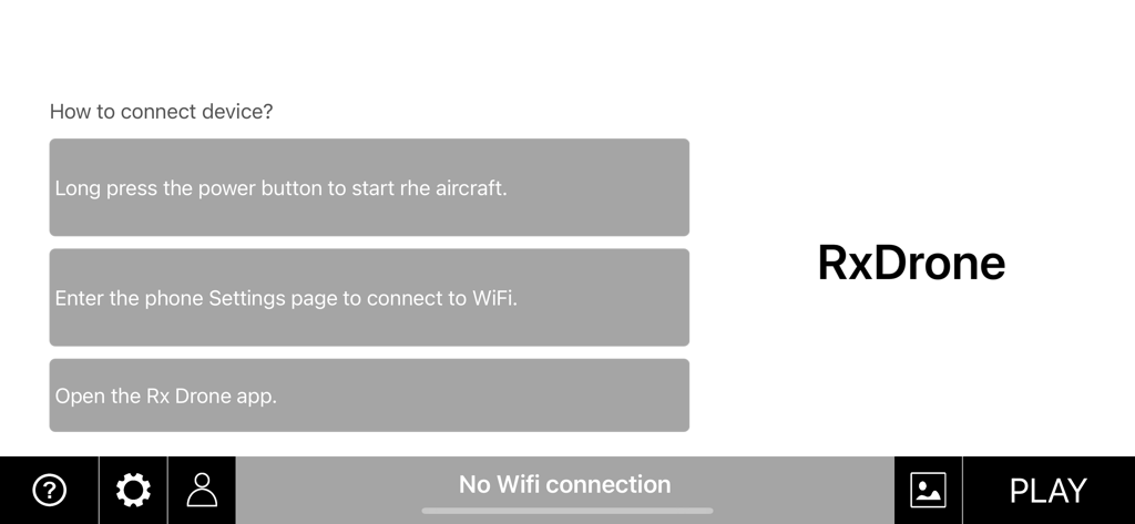 Écran de configuration de l'application Rx Drone affichant les instructions étape par étape pour connecter un appareil jouet via WiFi.