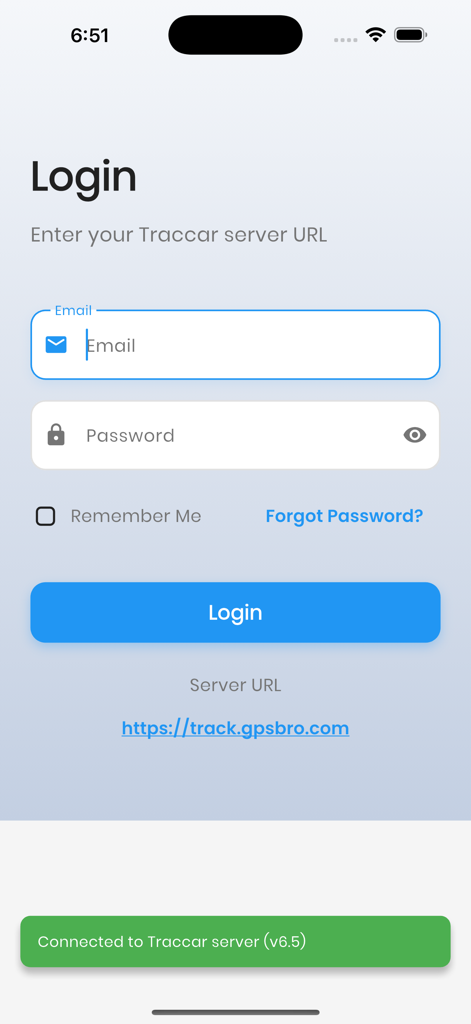 GPS Pro using Traccar - Login screen for the GPS Pro app showing Traccar server connection fields and status