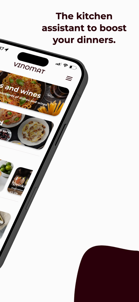 Vinomat mobile app interface showing food and wine pairing categories on a smartphone screen
