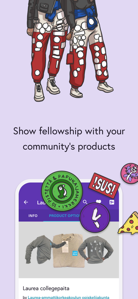 Kide app screen showing university community merchandise and student fellowship illustration