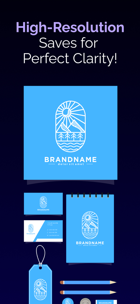 AI Logo Maker: Graphic Designs - A blue and white logo created with AI shown on various branding materials like business cards and a notebook for a professional look.